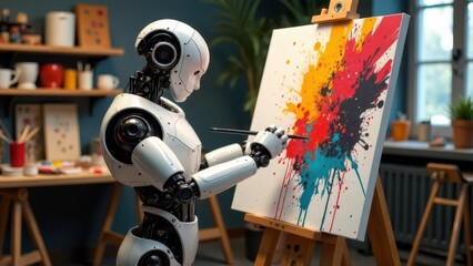 a robot artist stands near a blank and paints an abstract picture, artificial intelligence, future technologies, art and creativity