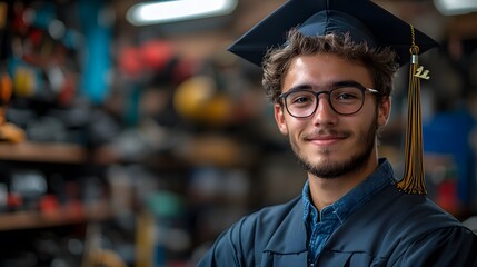 Fototapeta premium Technical school graduate in cap and gown standing with tools in the background, perfect for text placement