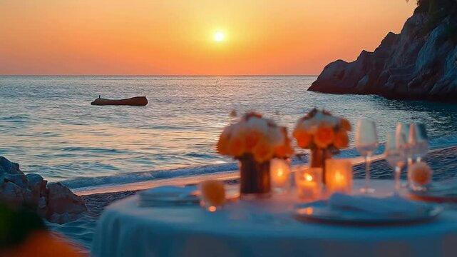 Romantic beachfront dinner at sunset capturing tranquil waves and vibrant candles