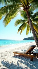 Paradise Summer vacation beach with white sand near the sea or ocean, palm trees in the background, sun shining, a tropical, travel, tourism