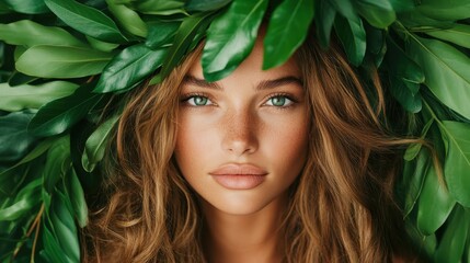 Naklejka premium A striking portrait of a woman surrounded by vibrant, green leaves that brings a sense of nature and serenity, highlighting her beautiful features and captivating eyes.