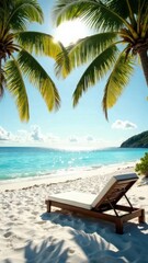 Paradise Summer vacation beach with white sand near the sea or ocean, palm trees in the background, sun shining, a tropical, travel, tourism