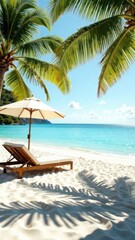 Obraz premium Paradise Summer vacation beach with white sand near the sea or ocean, palm trees in the background, sun shining, a tropical, travel, tourism