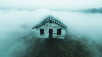 An eerie image of an old abandoned house shrouded in mist, evoking feelings of mystery and haunting beauty amidst an atmospheric landscape.