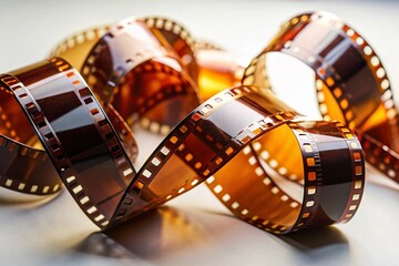 Minimalist Vintage 35mm Film Strips Curled on Bright Surface - Stock Photo