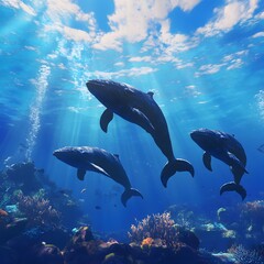 Underwater world where a pod of whales swims together, their fins slicing through clear blue waters as a coral reef teems with life beneath them, to honor World Whale Day