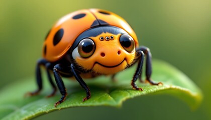 Naklejka premium Cute Ladybug Cartoon Character Green Leaf Background