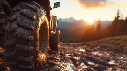 A close-up of a muddy ATV tire set against a stunning sunset backdrop, symbolizing the adventurous spirit and the relationship between man, vehicle, and nature.