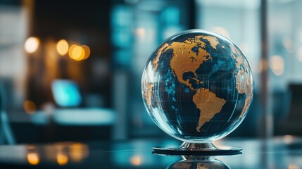 Global macro stock market. Globe with illuminated map in an office setting, symbolizing global business and connectivity.