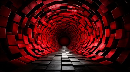 A dark, abstract tunnel composed of repeating red cubic forms creates a mesmerizing, spiraling pathway leading to a vanishing point, evoking feelings of depth, mystery, and technological advancement