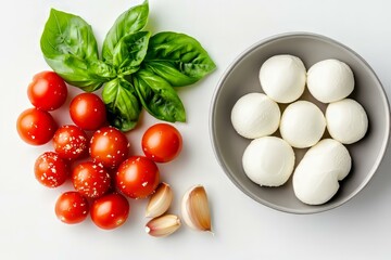 Ingredients for mozzarella salad with fresh basil and ripe tomatoes on wooden table