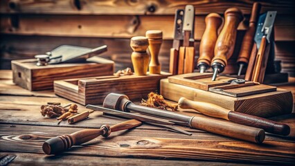Minimalist Woodworking Tools on Rustic Wooden Table - Stock Photo