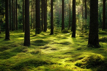 A stream flows through a lush forest of trees and mossy rocks