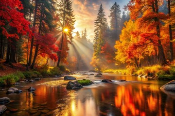 Obraz premium Misty Autumn Forest Stream: Colorful Foliage & Pine Trees - Stock Photo