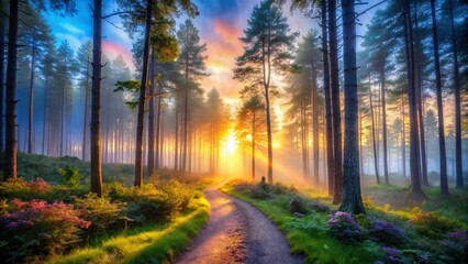 Obraz premium Misty Forest Path, Tranquil Nature Scene, Low Light Photography, Serene Woods, Atmospheric Landscape