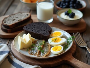 Rustic breakfast of herring, eggs, black bread, and dairy