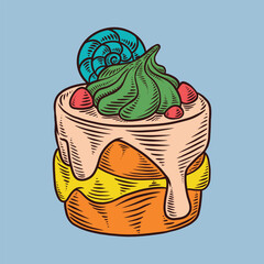 Illustration of a layered cake with delicious cream, pastel colors