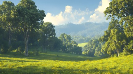 Fototapeta premium Serene Green Landscape with Lush Trees, Rolling Hills and a Gentle Sky, Perfect for Nature Lovers and Outdoor Enthusiasts in a Peaceful Environment