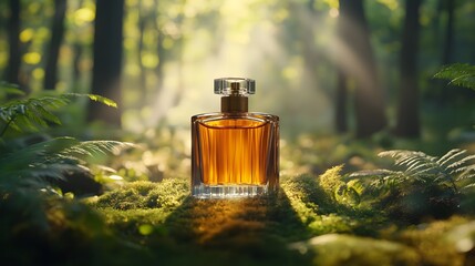 Mystical brown glass perfume bottle nestled among ferns and moss in enchanted forest setting, with ethereal morning sunlight streaming through misty trees, creating dreamy atmosphere.