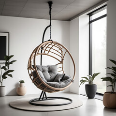 A minimalist hanging chair with a simple circular frame and a comfortable cushion inside, suspended from the ceiling.