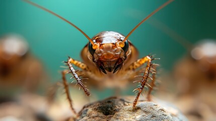 This striking close-up photograph showcases a cockroach on a rocky surface, highlighting its intricate details, textures, and captivating natural colors.
