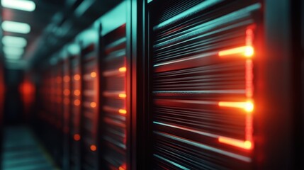 A glimpse inside a high-tech server room, with illuminated racks creating a futuristic atmosphere, symbolic of the core of digital communication and data processing.