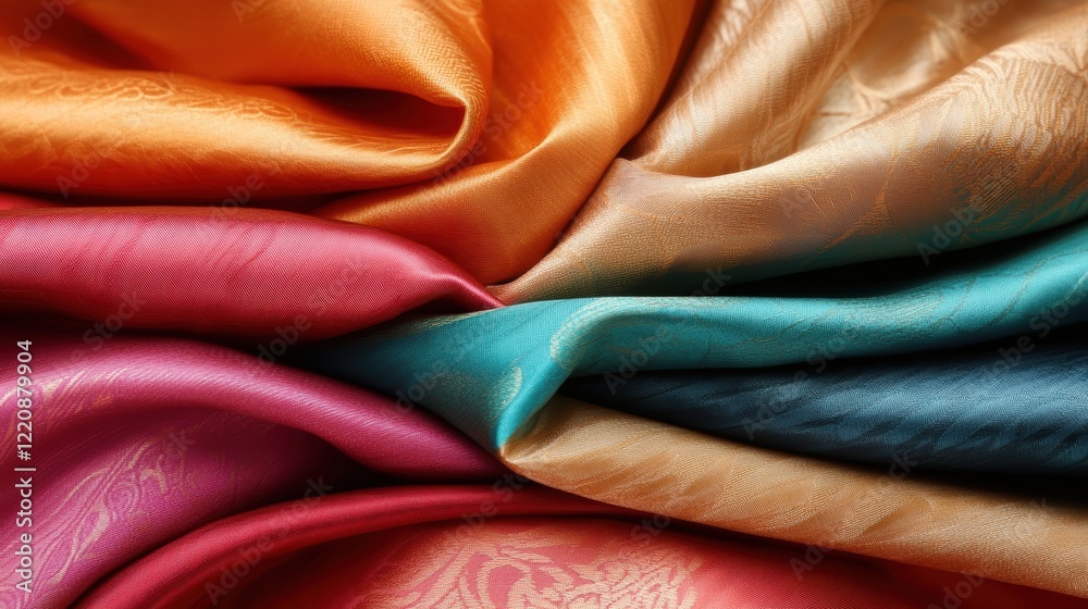 Poster an array of vibrant fabrics displayed in rich colors and textures, creating an inviting visual that 