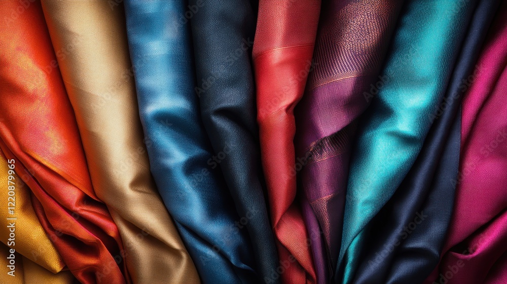 Poster a stunning display of vibrant textiles showing various colors and textures, arranged in layers to cr