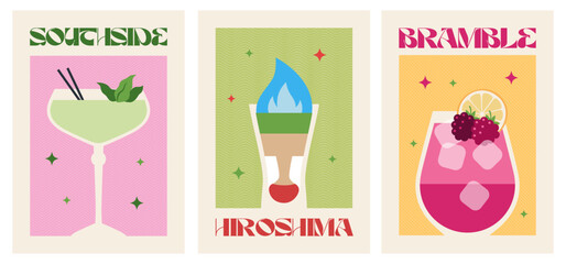 Poster drink set. Cocktail arts. Retro posters with alcohol cocktails. Bramble. Southside. Hiroshima. 90s 80s 70s groovy posters. Modern trendy print. Drink with fruit and ice.