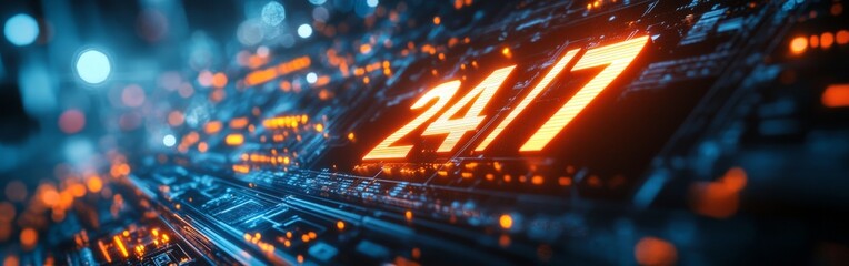 Glowing "24/7" text in a futuristic digital network. Ideal for technology, IT services, and 24-hour availability visuals.