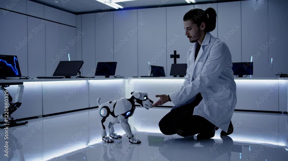 Poster robots and artificial intelligence interact in a futuristic research lab setting