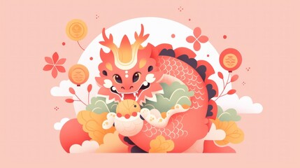 Obraz premium Illustration of a Red Dragon with Gold Accents Surrounded by Floral Elements