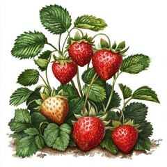 Vibrant Strawberry Plants with Fresh Red Berries Growing in Lush Green Foliage Against a White Background
