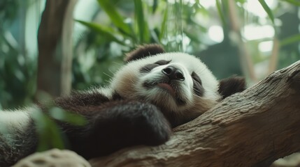 Obraz premium A tranquil image of a panda napping peacefully on a sturdy tree branch, surrounded by lush green foliage, highlighting the charm of wildlife in a natural setting.