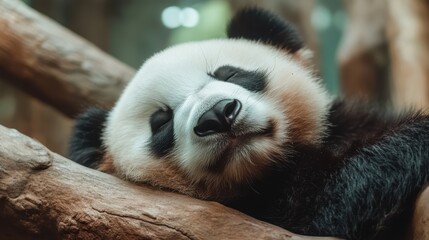 Obraz premium An intimate close-up image of a sleeping panda's face resting comfortably on a branch, showcasing the delicate features and serene expression of this beloved creature.