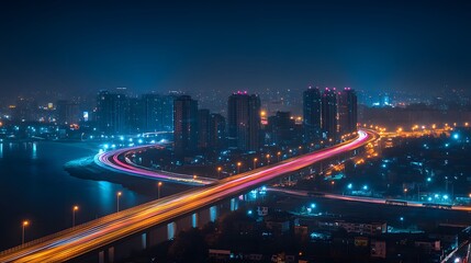 Fototapeta premium Night highway captures flowing light trails from cars in long exposure, creating glowing streaks against dark sky with urban silhouette and neon color effects.
