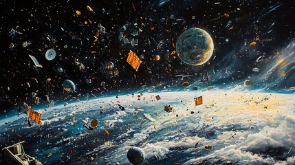 A huge number of space debris and weightless objects