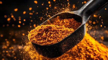 Vibrant Close-Up of Turmeric Powder in a Black Scoop with Bright Dust and Fine Particles Creating a Dynamic and Flavorful Culinary Scene