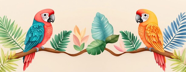 Obraz premium whimsical Isolated cute cartoon pastel Colorful parrots perched on a vibrant branch.