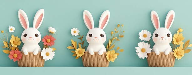 Obraz premium whimsical Isolated cute cartoon pastel Cute bunny figurines with colorful flowers.