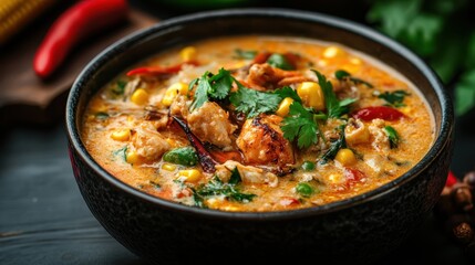 A vibrant and enticing bowl of spicy chicken soup filled with colorful vegetables, promising a zesty flavor that is both healthy and satisfying for the palate.