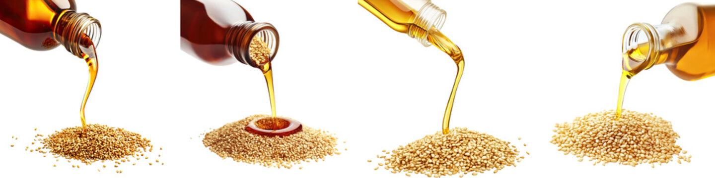 Sesame Seed Oil with a Pour Spout &ndash; Smooth sesame seed oil in a practical bottle with a pour spout great for stir-fries and dressing. Isolated on Clear White Background Highly Detailed