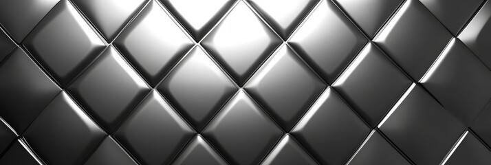 Fototapeta premium A wall of shiny, silver, diamond-shaped panels, viewed from a low angle, with a seamless texture in grayscale