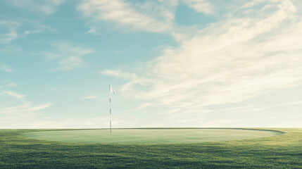 Obraz premium serene golf course scene featuring flagstick and smooth green surface under clear sky. tranquil atmosphere invites relaxation and enjoyment of game