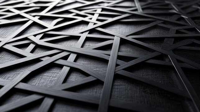 Thin steel rods intertwined in a geometric pattern, resting on a lightly textured metallic background for a minimal industrial aesthetic.