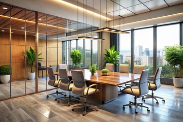 Fototapeta premium Modern Glass-Walled Conference Room, Contemporary Office Interior Design, Bright Workspace