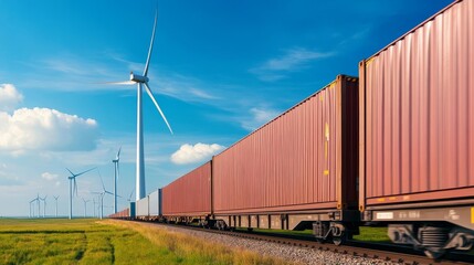 Fototapeta premium Freight train moving through wind farm fields, representing green transportation integration