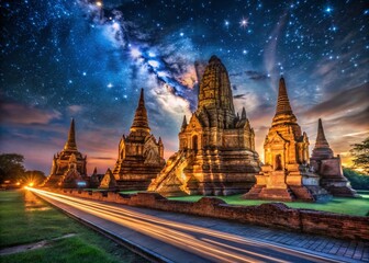Fototapeta premium Ayutthaya Historical Park: Long Exposure Night Photography, Ancient Temples, Thailand