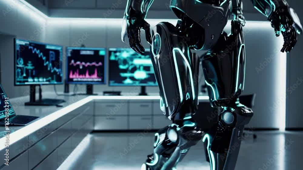 Poster advanced robotics research in a futuristic lab with high-tech displays and a humanoid robot