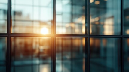 Fototapeta premium This image showcases a stunning view through glass panels, capturing the warm glow of sunset, highlighting the beauty of architecture and modernity in urban settings.
